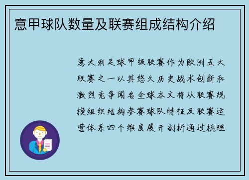 意甲球队数量及联赛组成结构介绍