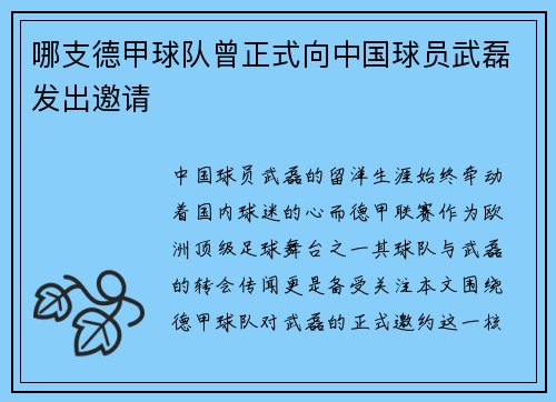 哪支德甲球队曾正式向中国球员武磊发出邀请
